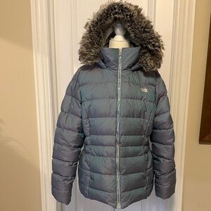 The North Face Women’s XL, Gotham II Jacket in blue frost iridescent.